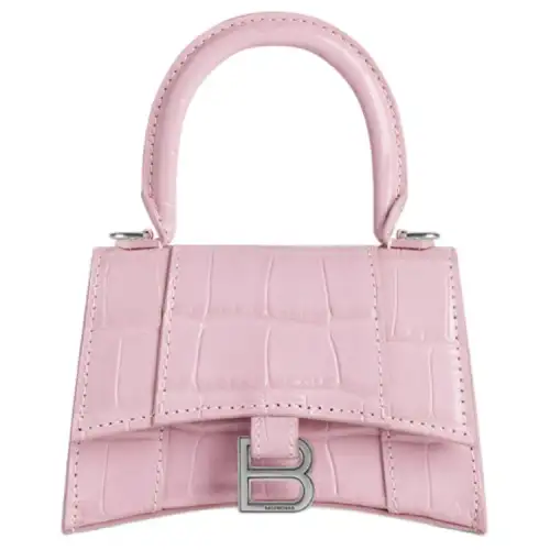 Balenciaga Hourglass Shiny Crocodile Pattern Embossed Cow Leather Handbag Women's Pink