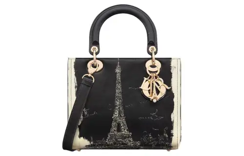 DIOR Rhinestone Embroidery Paris Print Calfskin Shoulder Bag, Crossbody Bag, Handbag Medium Women's Black & Beige