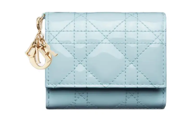 DIOR Lady Dior Patent Leather With Calfskin Wallet Women's Sky Blue
