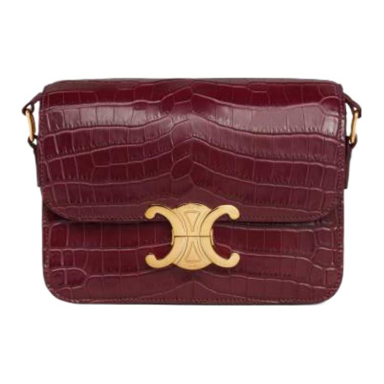 CELINE Triomphe Nile Crocodile Leather Crossbody Bag, Shoulder Bag Women's Burgundy