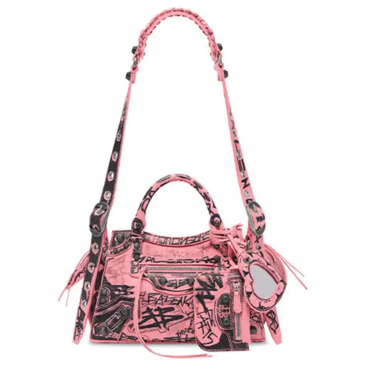 Balenciaga Neo Cagole Graffiti Print Fine Grained Sheepskin Shoulder Bag, Crossbody Bag, Handbag Mini Women's Pink