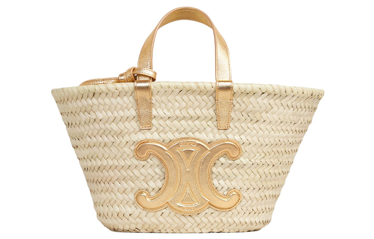 CELINE Triomphe Leather Straw Bag Handbag Teen Women's Light Umber