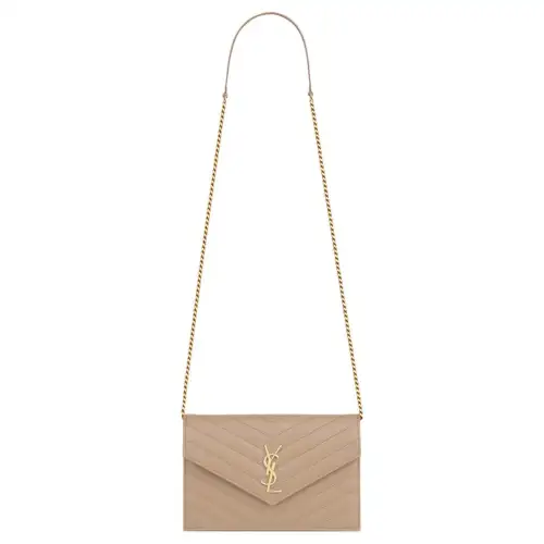 SAINT LAURENT Leather Chain Wallet, Crossbody Bag, Shoulder Bag Women's Dark Beige