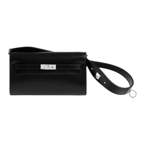 HERMES Kelly To Go Silver Tone Buckle Box Calfskin Crossbody Wallet Regular Women's 89 Noir Black