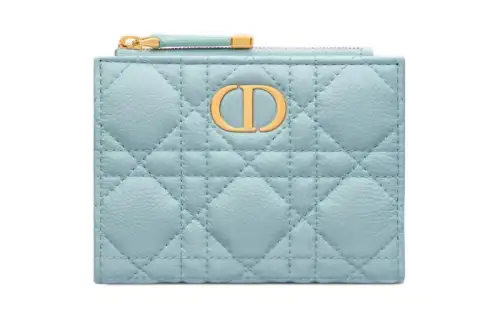 DIOR Caro Wicker Pattern Calfskin Wallet Women's Sky Blue