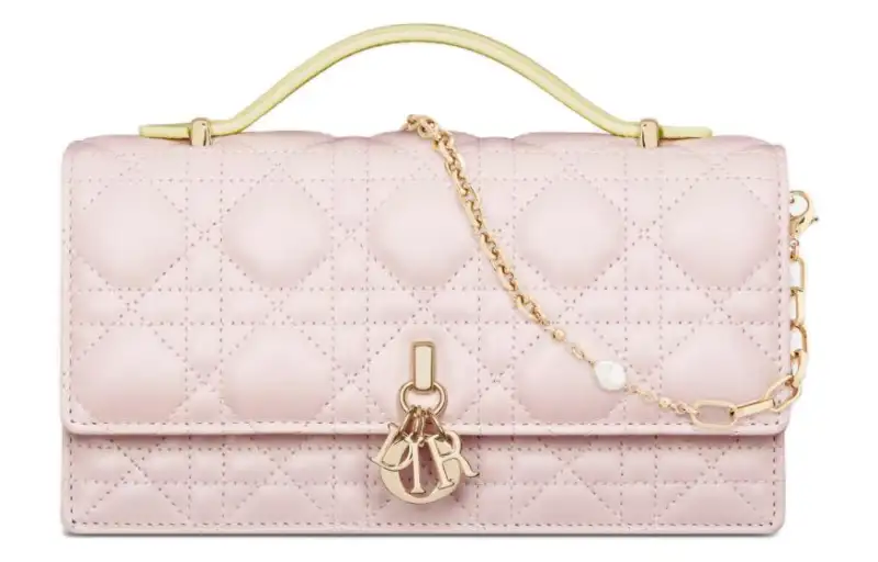 DIOR Wicker Pattern Sheepskin Shoulder Bag, Crossbody Bag Mini Women's Light Yellow & Quartz Pink