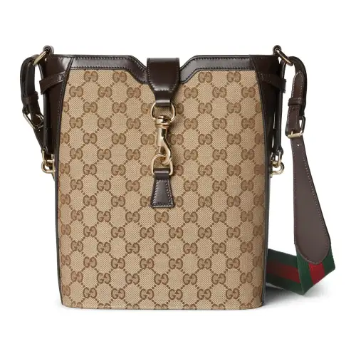 GUCCI Canvas With Leather Binding Bucket Bag, Shoulder Bag, Crossbody Bag Medium Women's Beige & Ebony