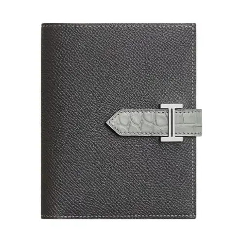 HERMES Bearn Silver Tone Buckle Epsom Calfskin With Crocodile Leather Wallet Men's Graphite Gray