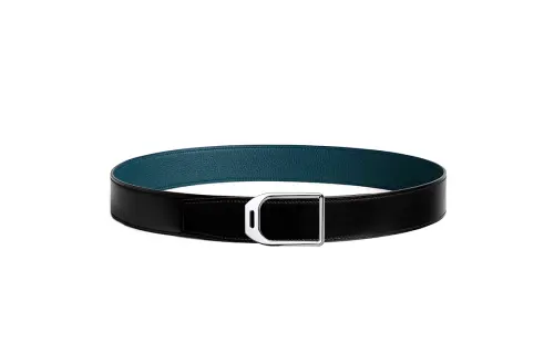 HERMES Pretty Derby Jockey Palladium Plated Metal, Calfskin Leather Belts Men's Width 3.8cm