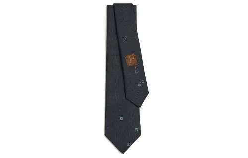 HERMES Printed Pattern Pluie Equestre Mulberry Silk Ties Men's Dark Blue