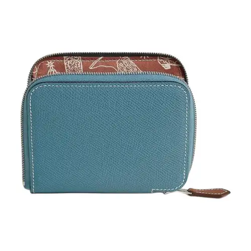HERMES Silk'In Barenia Natural Leather Wallet Small Women's New Denim Blue