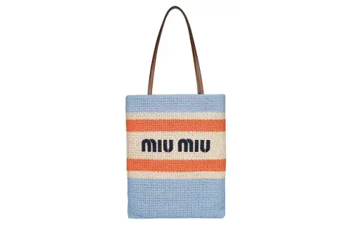 MIU MIU Straw And Wicker One Shoulder Handbag Women's Blue & Multicolor