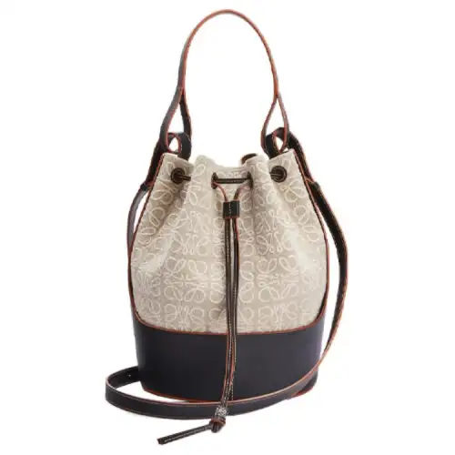 LOEWE BalloonAnagram Drawstring Linen And Cow Leather Bucket Bag, Handbag, Crossbody Bag, Shoulder Bag Women's Black