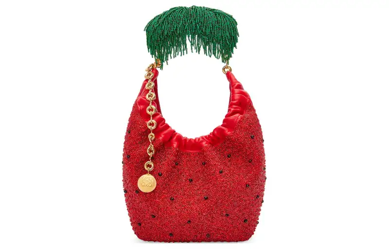 LOEWE Beaded Leather Handbag, Shoulder Bag Women's Red