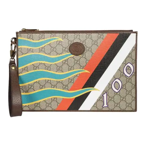 GUCCI Canvas With Leather Clutch Men's Ebony & Brown