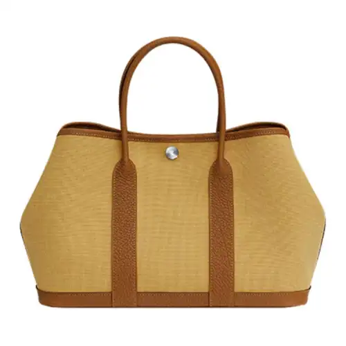 HERMES Garden Party Canvas With Negonda Calfskin Handbag 30 Women's Ginger Yellow/Brown