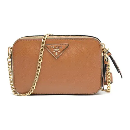 PRADA Saffiano Zip Closure Leather Crossbody Bags Women's Brown