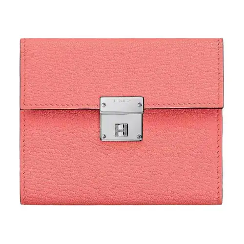 HERMES Clic Silver Tone Buckle Mysore Goat Skin Card Holder, Wallet Mini Women's K4 Rose D'Ete Summer Rose Pink