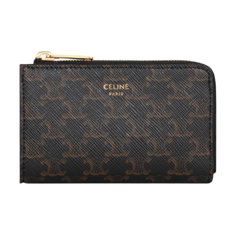CELINE Triomphe Triumph Gate Zip Closure Canvas Clutch Wallet, Coin Purse Mini Men's Black & Tan