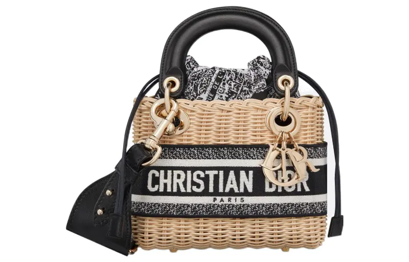 DIOR Lady D Lite Wicker With Canvas Handbag, Shoulder Bag, Crossbody Bag, Handbag Mini Women's Black/White