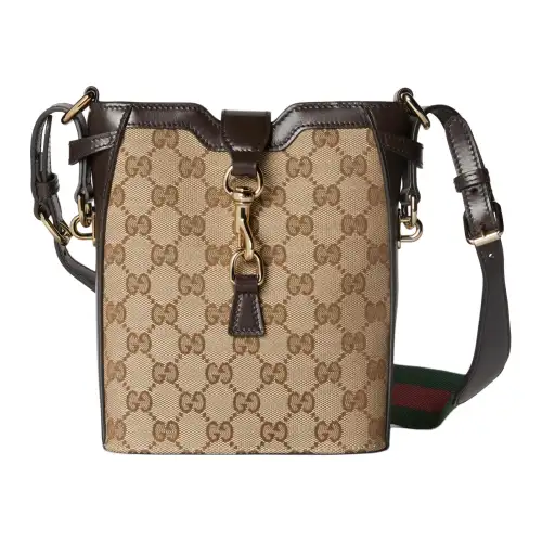 GUCCI Canvas With Leather Binding Bucket Bag, Shoulder Bag, Crossbody Bag Small Women's Beige & Ebony