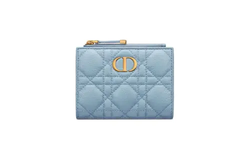 DIOR Caro Soft Cow Leather Wallet Women's Sky Blue & Gray