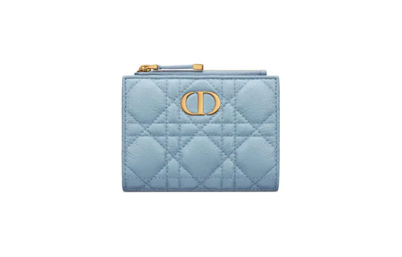DIOR Caro Soft Cow Leather Wallet Women's Sky Blue & Gray