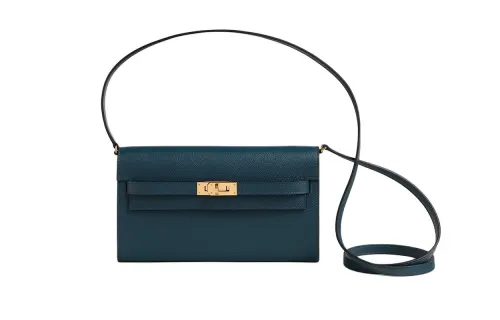 HERMES Kelly To Go Gold tone Lock Evercolor Leather Crossbody Wallet Regular Women's 7P Bleu De Prusse Prussian Blue