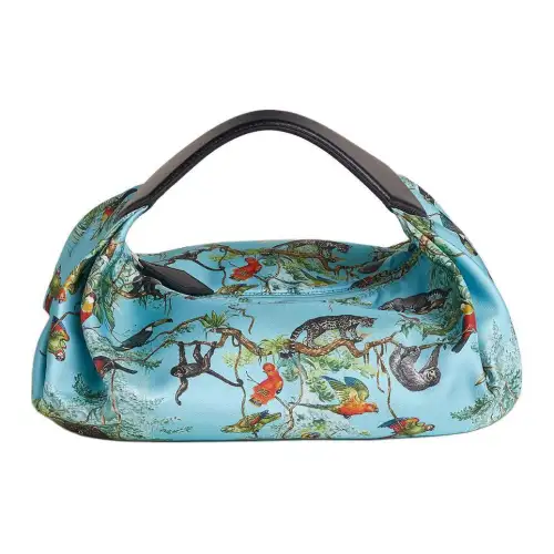 HERMES Balusoie Patterned Print Silk Hunter Cow Leather Lunch Bag Handbag Women's