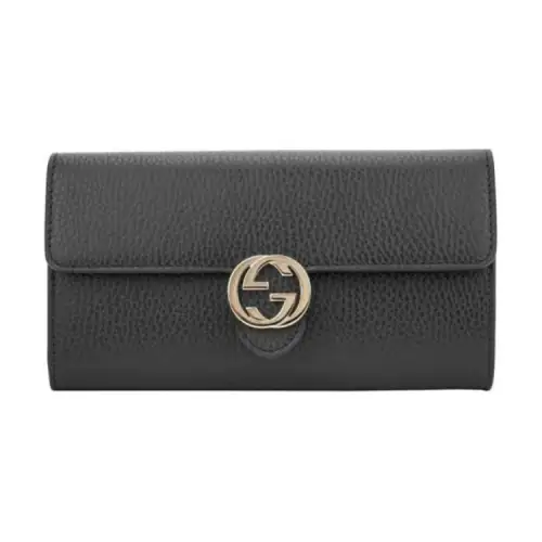 GUCCI Cow Leather Flap Clutch Wallet Women's Black