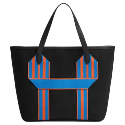 HERMES Pursangle Canvas With Clémence Calfskin Tote Bag, Shopping Bag, Handbag Men's Black & Blue & Orange