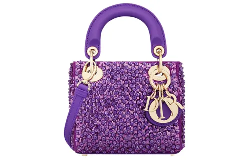 DIOR Lady Dior Rhinestone Embroidery Calfskin Handbag Mini Women's Purple