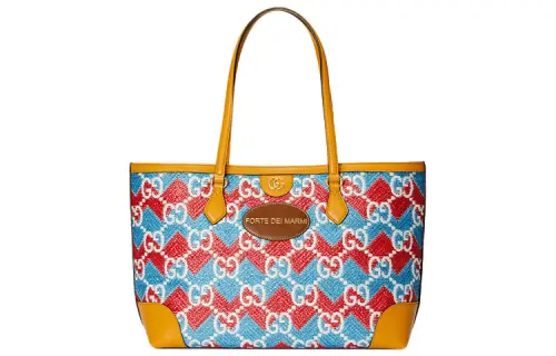 GUCCI Straw Fabric Tote Bag, Shopping Bag, Shoulder Bag Women's Blue & Orange