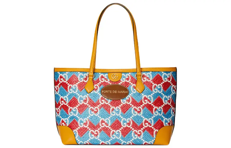 GUCCI Straw Fabric Tote Bag, Shopping Bag, Shoulder Bag Women's Blue & Orange