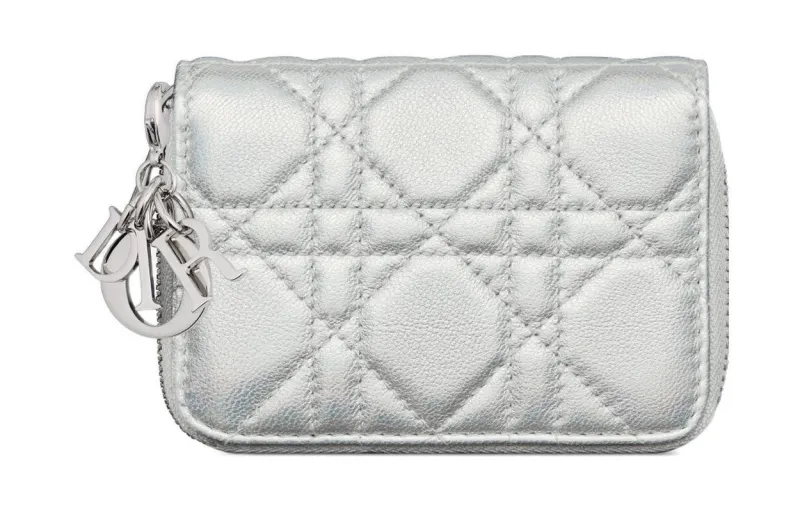 DIOR Lady Dior Sheepskin Coin Purse Small Women's Fluorescent Silver