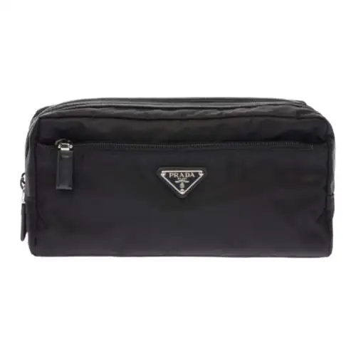 PRADA Saffiano Leather Toiletry Bag Clutch Unisex Black