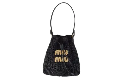 MIU MIU Woven Fabric With Raffia And Leather Handbag, Shoulder Bag Unisex Black