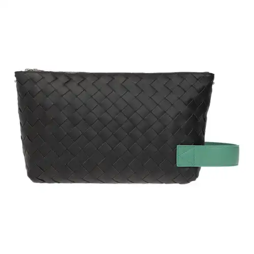 Bottega Veneta Calfskin Toiletry Bag Makeup Bag Men's Graphite Black/Turquoise