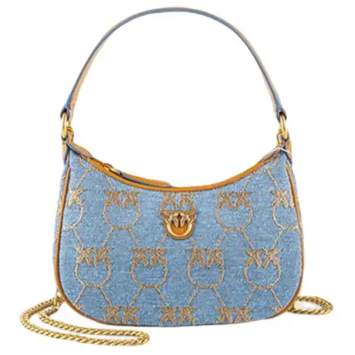 PINKO Fashionable retro denim underarm bag on chain with zipper, purse, navy one-shoulder bag, chain bag