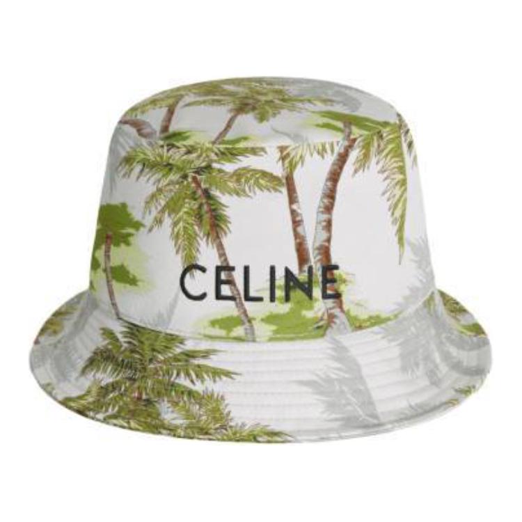 CELINE Embroidery In Ombre Palm Tree Print Cotton Gabardine Bucket Hat With Drawstring