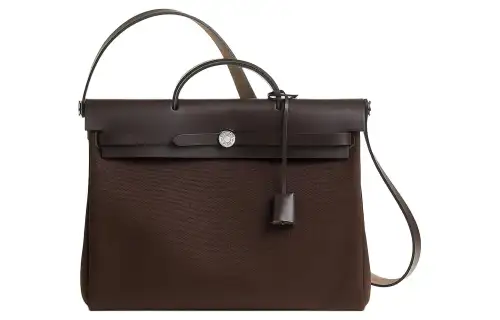 HERMES Herbag Canvas With Hunter Cow Leather Handbag Men's Chocolate & Ebony