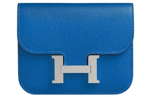 HERMES Constance Slim Silver Tone Buckle Evercolor Calfskin Wallet, Card Holder, Fanny Pack Women's