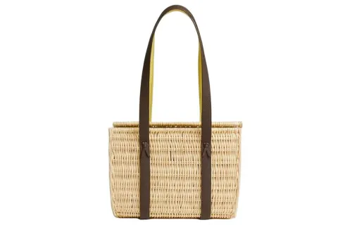 HERMES Wicker Basket Wicker With Crocodile Embossed Calfskin Handbag, Shoulder Bag Small Women's 92 Jaune Yellow