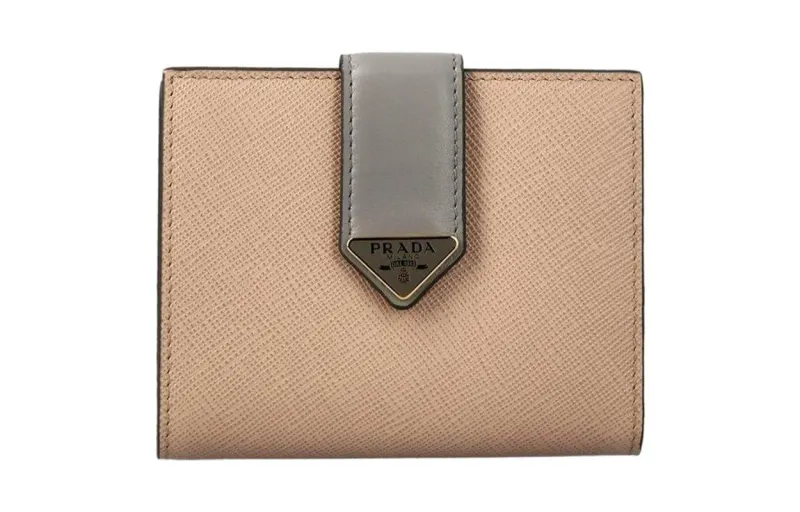 PRADA Saffiano Leather Card Holder, Wallet Small Women's Apricot/Gray