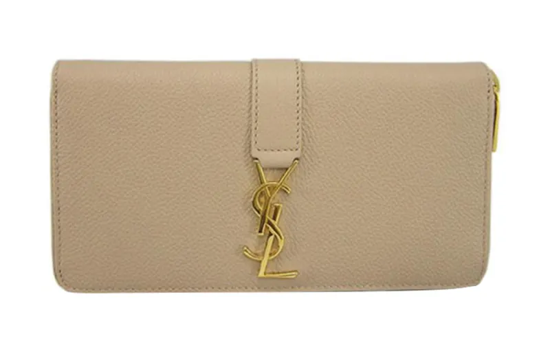 SAINT LAURENT Zip Closure Cow Leather Wallet Regular Women's Dark Beige