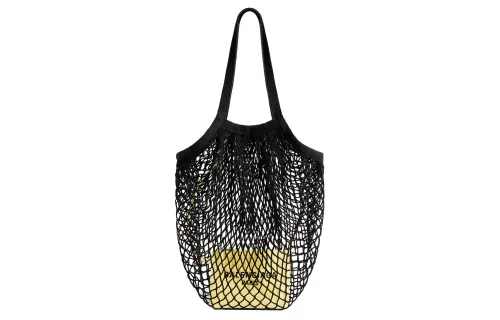 Balenciaga Nylon Fishnet With Webbing One Shoulder Handbag Medium Women's Black & Yellow