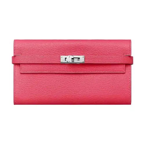 HERMES Mysore Goat Skin Wallet Women's U5 Rose Lipstick Lip Balm Powder