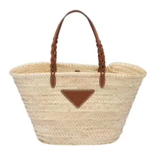 PRADA Raffia Tote Bag, Shopping Bag, Handbag, Shoulder Bag Women's Beige & Brown