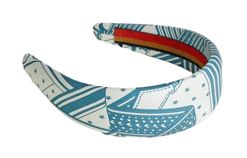 HERMES Patterned Print Sangle Zigzag Headbands Women's Denim Blue