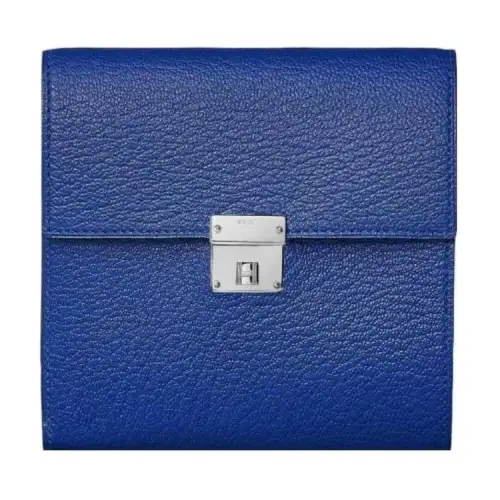 HERMES Clic Silver Tone Buckle Mysore Goat Skin Card Holder, Wallet Mini Women's Blue